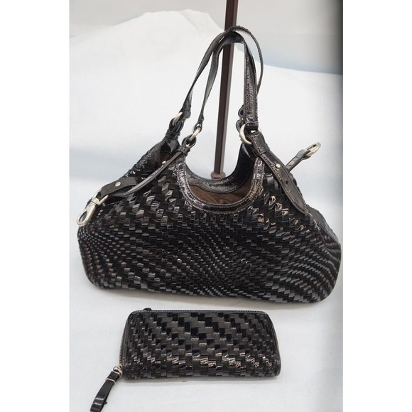 Cole Haan Genevieve Black Woven Patent Leather XL Hobo Bag & Clutch